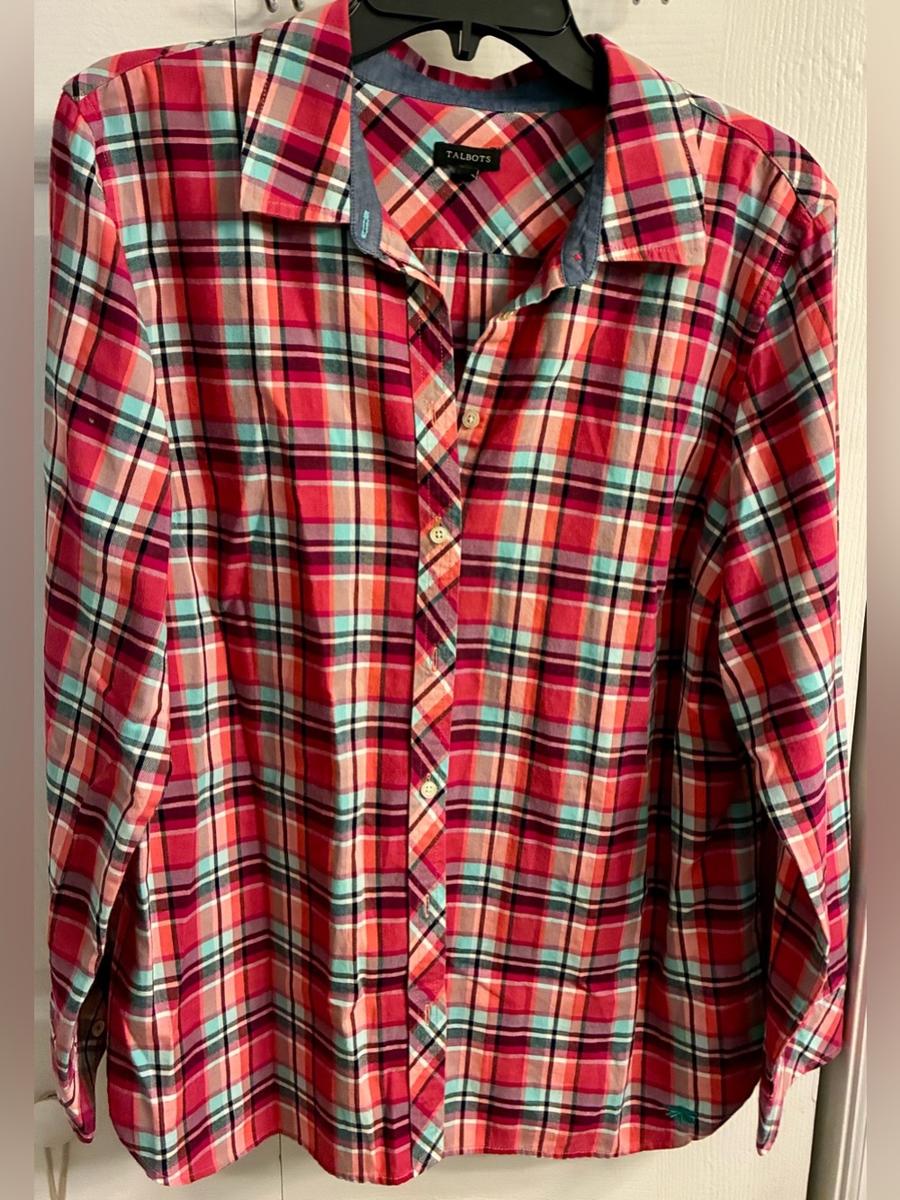 Talbots Fall Cotton LS ButtonDown Shirt. New. Colorful Plaid. Size XL. Red, Aqua